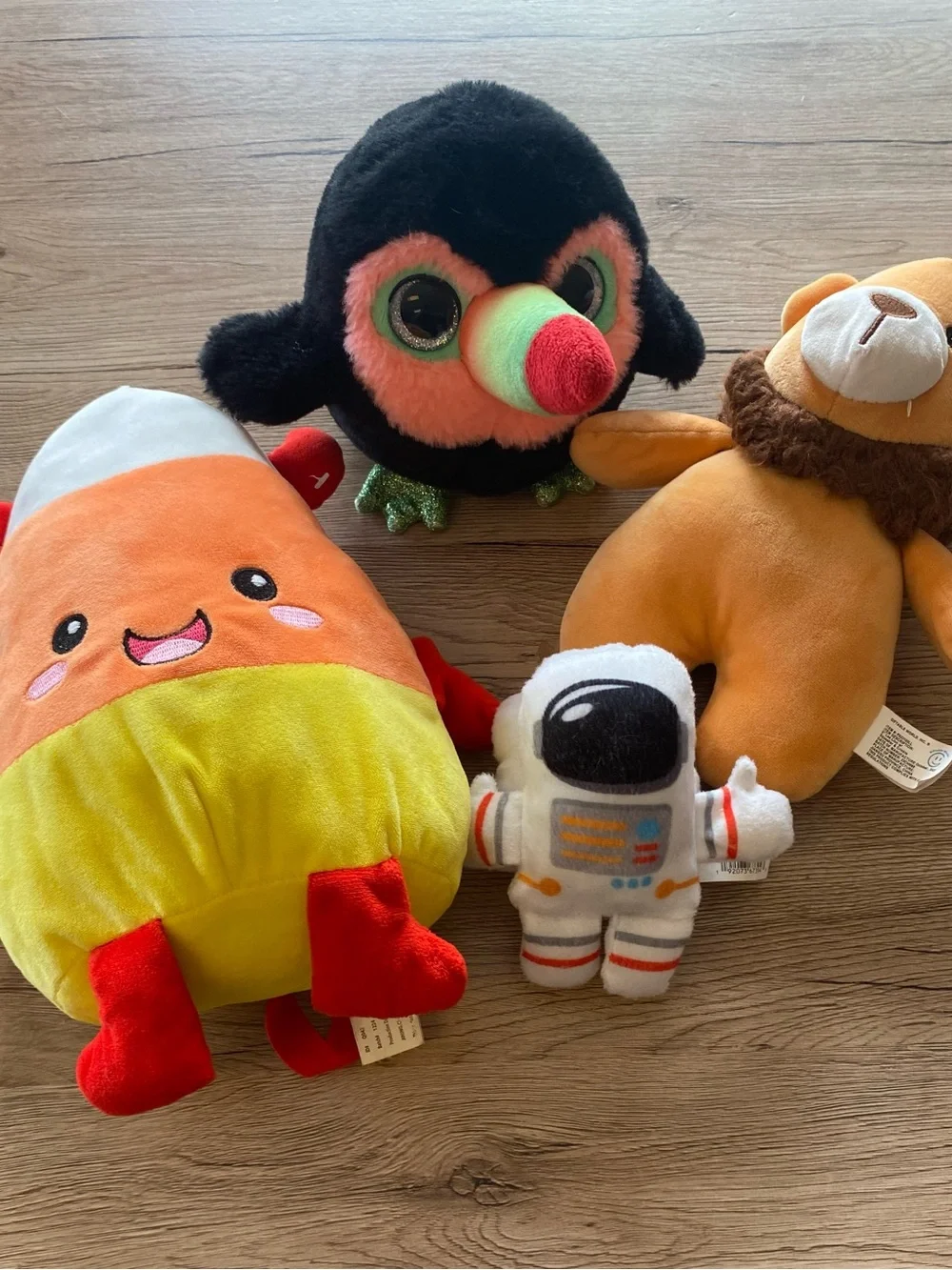 Kellytoy Plush Set - Black Crow, Orange Candy Corn, White Astronaut & Tan Lion